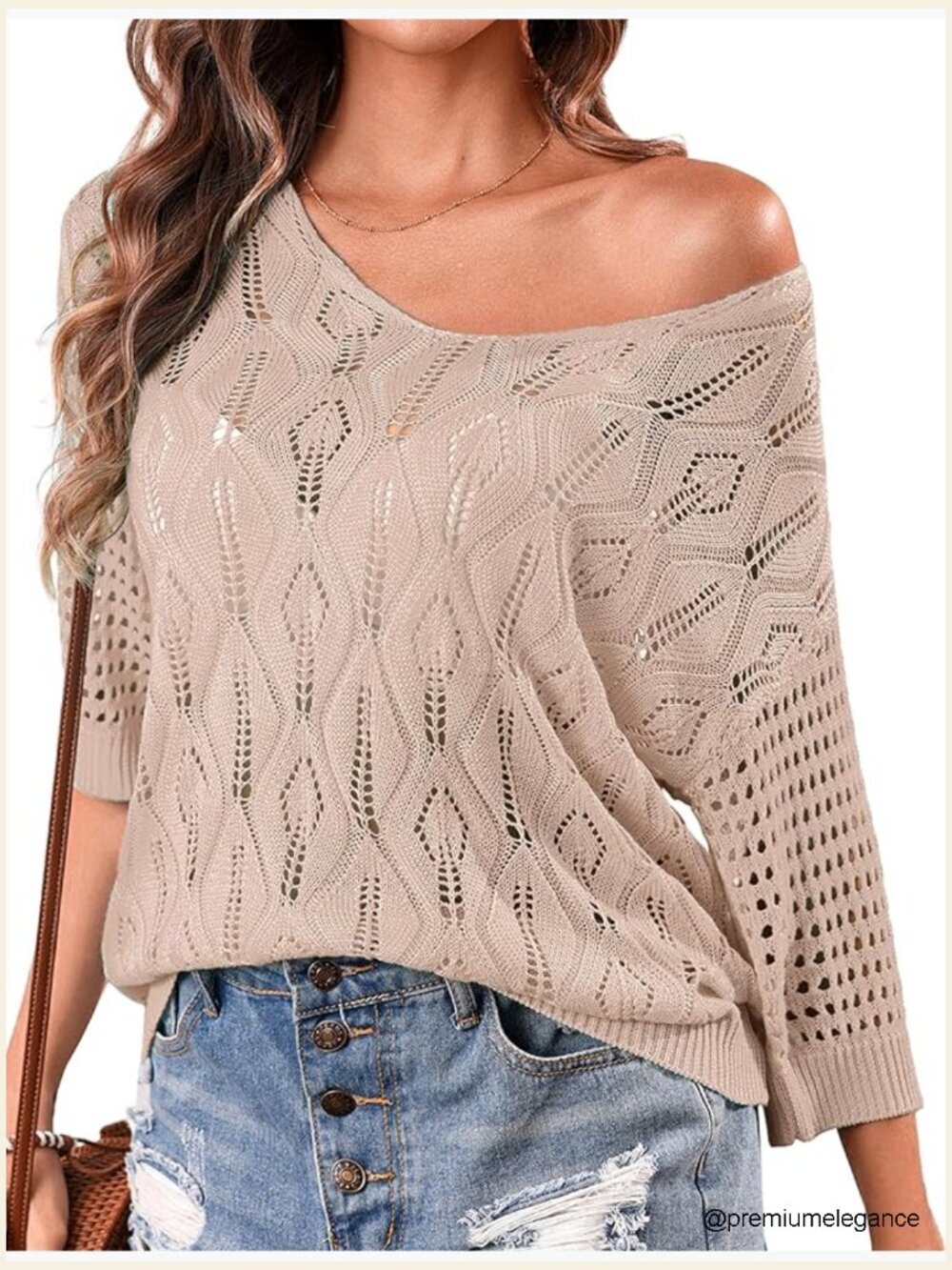 3/4 Sleeve Crochet Hollow Out Knit Cover Up Beach Top Loose